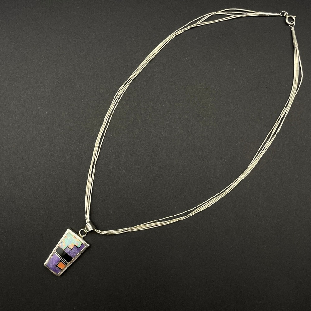 Vintage Native Scenic Reversable Gemstone Inlay Pendant Liquid Silver Necklace - Picture 6 of 12